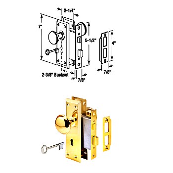 PrimeLine/SlideCo E293 Mortise Lock Set ~ Brass Knob, E2293