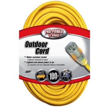 Coleman Cable 02589 Lighted End Extension Cord, Yellow ~  100 feet