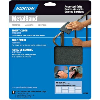 Norton 076607478559 Emery Cloth,  Assorted Metal Sanding ~ 9&quot; x 11&quot;/Pack of 3