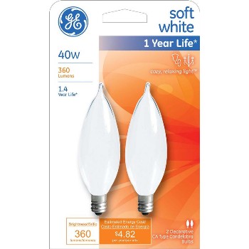 General Electric  66106 Bent Tip CA10 Decorative Bulb - 40 watt ~ Frosted