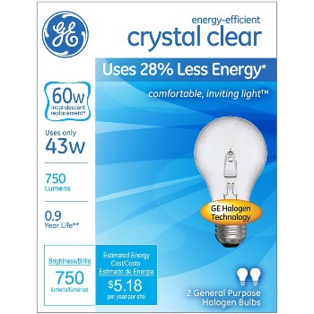General Electric  78796 Halogen Bulb, Clear Energy Efficient ~ A19 + 43 Watt