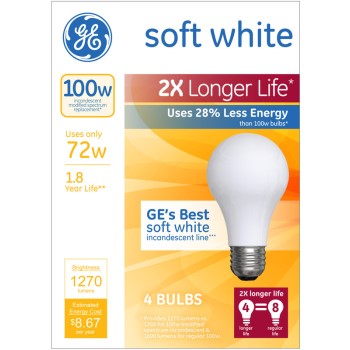 General Electric  70334 Soft White 2X Longer Incandescent Bulbs ~ 100 Watt