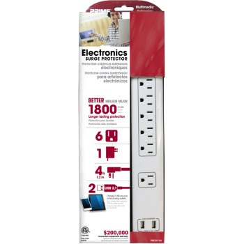 Prime Wire/Cable PB525106 6 Outlet Surge Protector w/USB Charger + 4&#39; Cord
