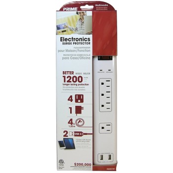 Prime Wire/Cable PB505104 4 Outlet Surge Protector w/USB Charger + 4&#39; Cord