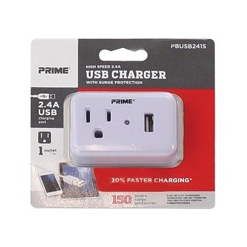 Prime Wire/Cable PBUSB241S 1 Outlet &amp; USB Surge Tap Charger ~ 150 Joules