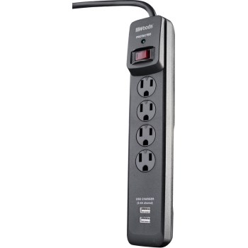 Coleman Cable 41304 Woods Brand 4 Outlet Surge Protector w/USB Charging Port + 3&#39; Cord
